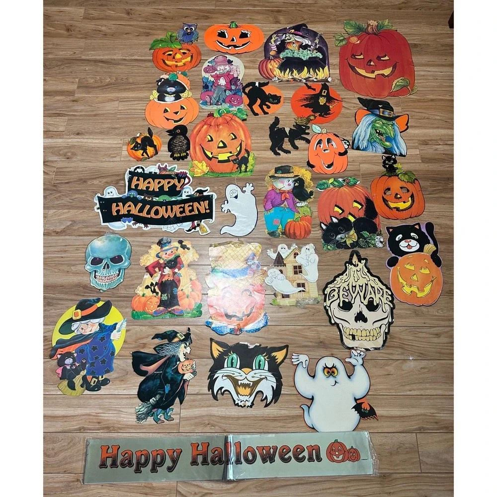 Vintage 30 Halloween Die Cut Paper Decorations Lot Witches Ghosts Cats Pumpkins